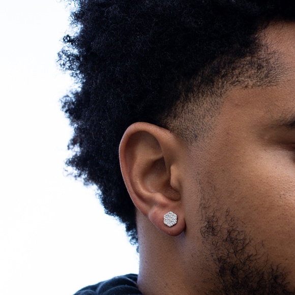 Mens White Gold Iced Cluster Flower Sterling Silver Stud Screw Back Earrings - Picture 5 of 5